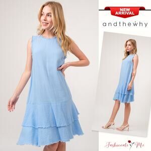 And The Why Washed Fringe Detail Tiered Sleeveless Round Neck Mini Dress | Blue